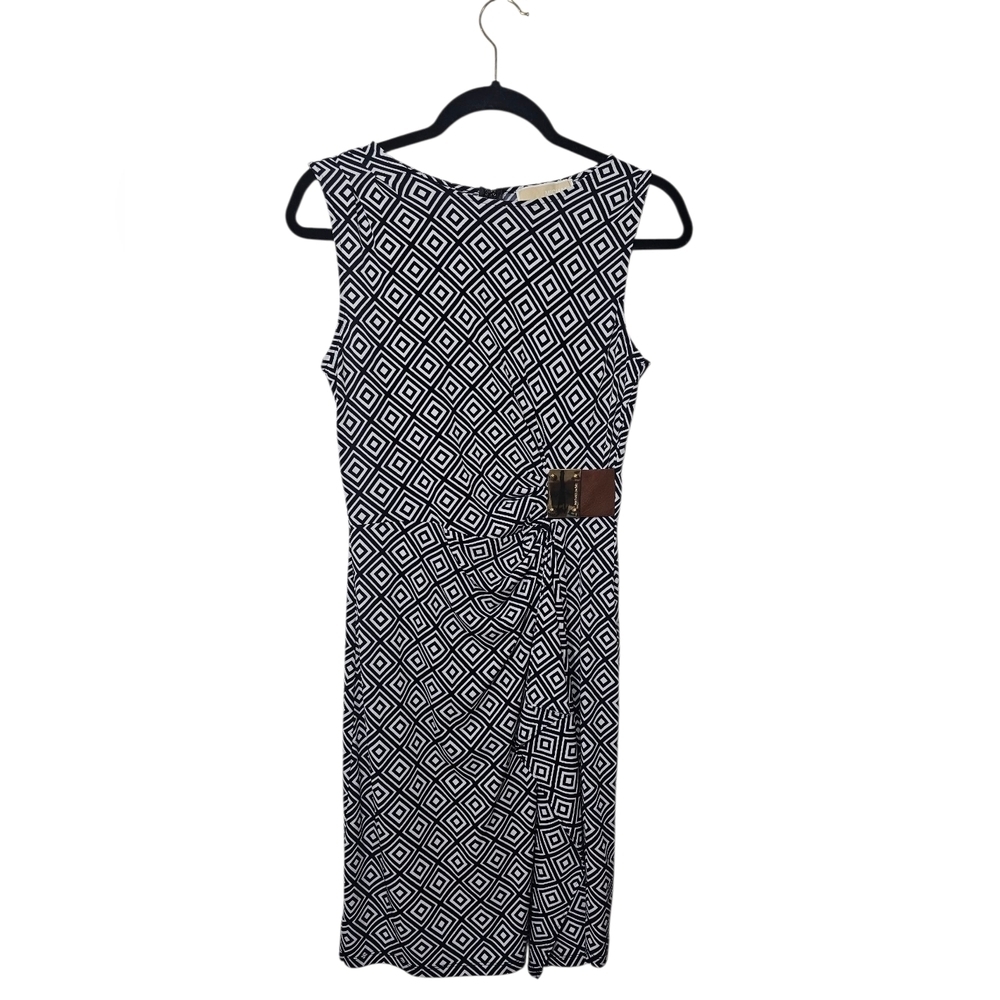 Michael Kors Black and White Diamond Pattern Midi Dress Short Sleeve Casual